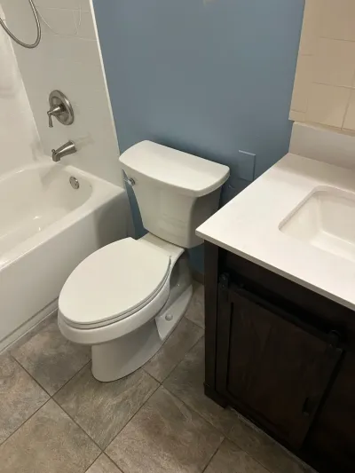 Finished bathroom with white tub, toilet, and dark wood vanity featuring a barn-door style cabinet.