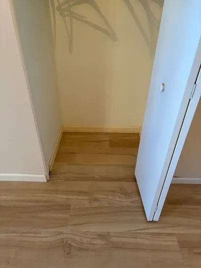 An open closet door reveals a small under-stair storage nook with new wood-look flooring.