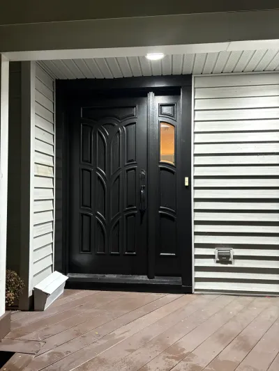 A black paneled front door with a matching sidelight, lit by a porch light at night.