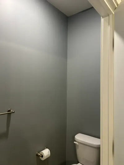 Newly painted gray-blue bathroom nook with a toilet and brushed nickel towel bar.