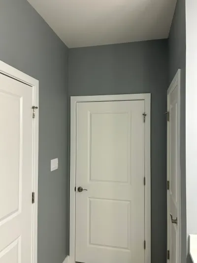 A narrow gray hallway with three white paneled doors and nickel hardware.