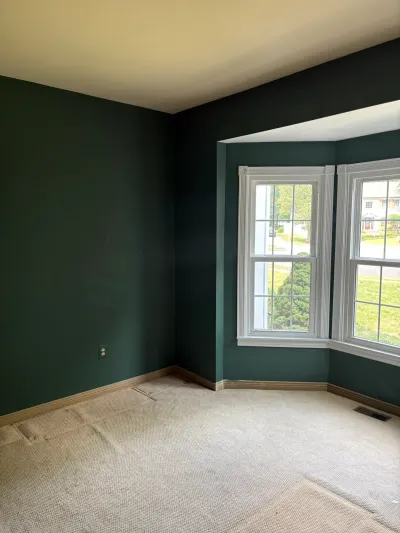 Empty bedroom with dark green walls, beige carpet, and a bay window overlooking the street.