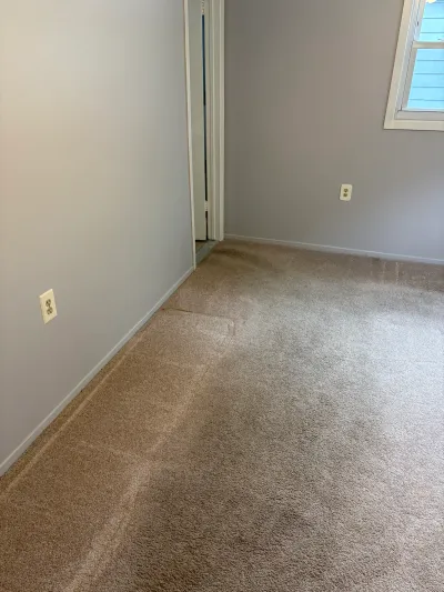 Empty bedroom with worn tan carpet, grey walls, and a window showing blue siding outside.