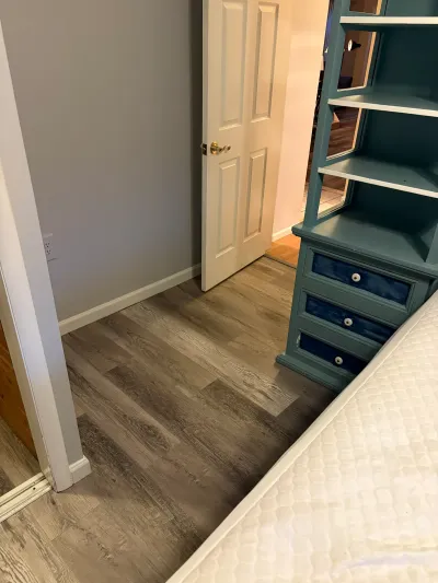 Bedroom corner with grey vinyl plank flooring, a white paneled door, and a teal painted dresser.