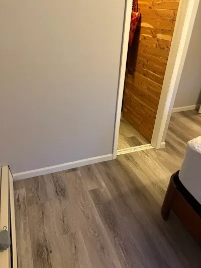 Bedroom corner with grey walls, vinyl plank flooring, and a closet lined in wood paneling.