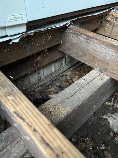 View into a crawlspace showing exposed floor joists, dirt ground, and torn insulation near equipment.