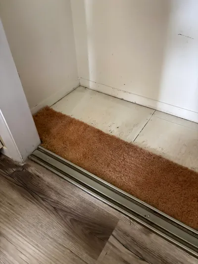 Closet floor with old stained carpet and tile meets newly installed wood-look vinyl plank flooring.