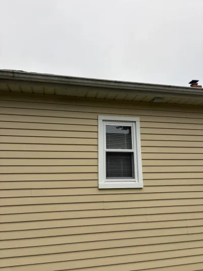Tan vinyl siding exterior wall with a white-trimmed double-hung window and chimney visible along the roofline.