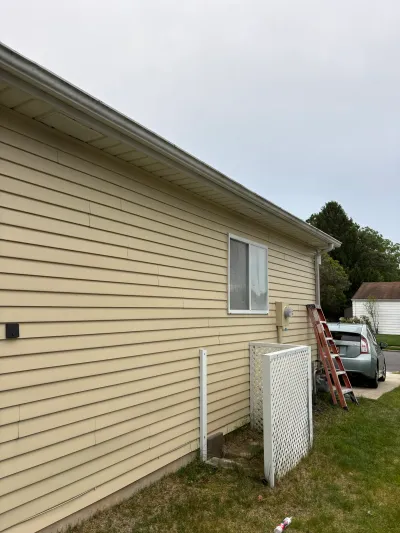 Side view of a house with pale yellow vinyl siding, a window, and a ladder leaning against the wall.