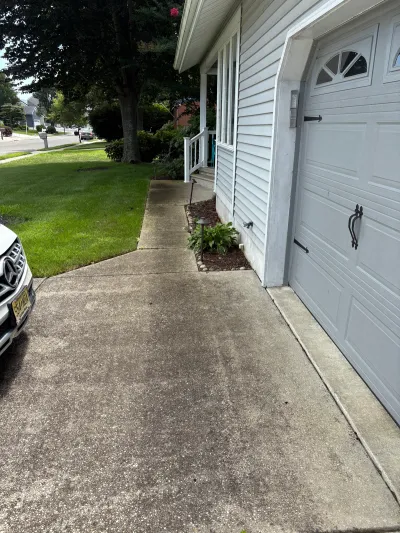 Side view of a house with a white carriage-style garage door, vinyl siding, and a concrete driveway.